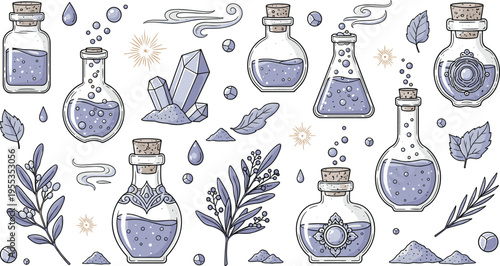 Magic potion bottles set with herbs crystals leaves alchemy elements mystical cartoon vector illustration collection