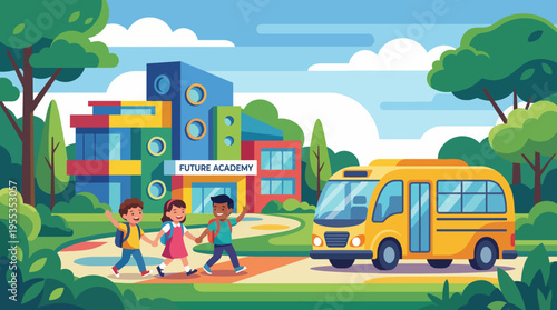 Photos A lively scene showcasing kids walking to a vibrant academy with a yellow bus, representing education, friendship, and the excitement of learning in a bright setting
