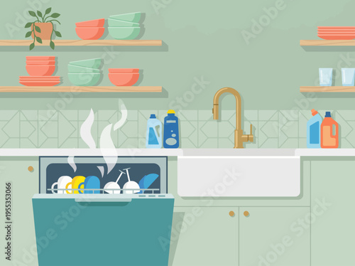 A stylish kitchen scene featuring a dishwasher full of clean dishes, accompanied by various cleaning products, showcasing modern home care and organization.