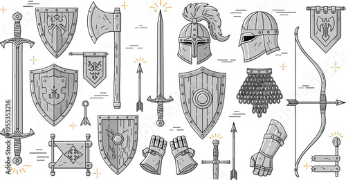 Medieval weapons and armor set with swords shields helmets arrows knight equipment outline vector illustration collection