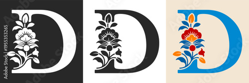 Capital letter D with floral pattern. Letter A with flowers and leaves. Creative alphabet and decorated typography letter. Vintage patterned font. Isolated on white and black. Vector illustration