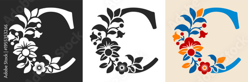 Capital letter C with floral pattern. Letter A with flowers and leaves. Creative alphabet and decorated typography letter. Vintage patterned font. Isolated on white and black. Vector illustration