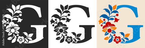 Capital letter G with floral pattern. Letter A with flowers and leaves. Creative alphabet and decorated typography letter. Vintage patterned font. Isolated on white and black. Vector illustration