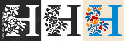 Capital letter H with floral pattern. Letter A with flowers and leaves. Creative alphabet and decorated typography letter. Vintage patterned font. Isolated on white and black. Vector illustration
