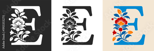 Capital letter E with floral pattern. Letter A with flowers and leaves. Creative alphabet and decorated typography letter. Vintage patterned font. Isolated on white and black. Vector illustration