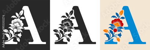 Capital letter A with floral pattern. Letter A with flowers and leaves. Creative alphabet and decorated typography letter. Vintage patterned font. Isolated on white and black. Vector illustration