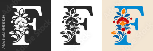 Capital letter F with floral pattern. Letter A with flowers and leaves. Creative alphabet and decorated typography letter. Vintage patterned font. Isolated on white and black. Vector illustration