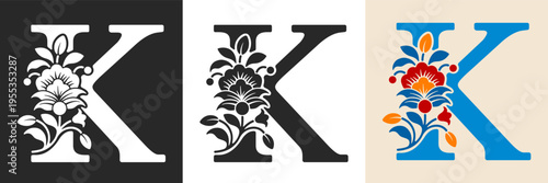 Capital letter K with floral pattern. Letter A with flowers and leaves. Creative alphabet and decorated typography letter. Vintage patterned font. Isolated on white and black. Vector illustration