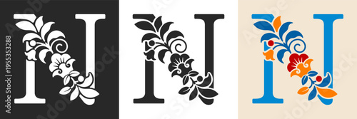 Capital letter N with floral pattern. Letter A with flowers and leaves. Creative alphabet and decorated typography letter. Vintage patterned font. Isolated on white and black. Vector illustration