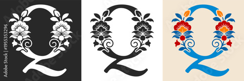 Capital letter Q with floral pattern. Letter A with flowers and leaves. Creative alphabet and decorated typography letter. Vintage patterned font. Isolated on white and black. Vector illustration