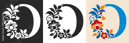 Capital letter O with floral pattern. Letter A with flowers and leaves. Creative alphabet and decorated typography letter. Vintage patterned font. Isolated on white and black. Vector illustration