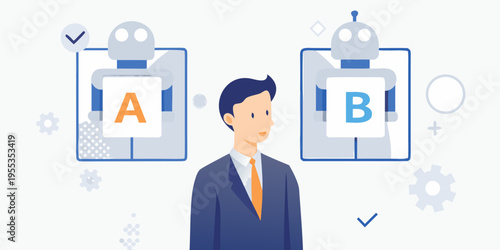 Man choosing between two robots displaying letters a and b a concept