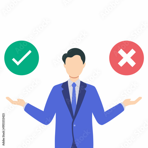 A man contemplates a decision between approval and disapproval symbolized by icons