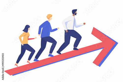 Business professionals confidently stride forward on a red upward pointing arrow