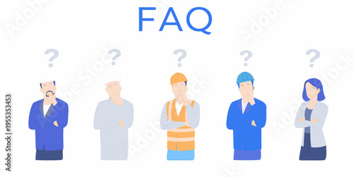 Frequently asked questions illustrated with diverse people and question marks