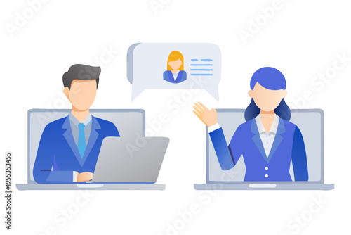 Two professionals connect during a virtual meeting using laptops and chat