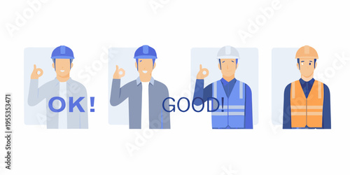 Four construction workers giving positive signals with hand gestures