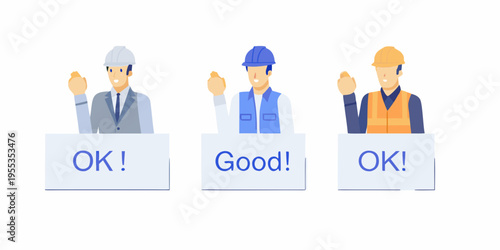 Three construction workers giving positive feedback with approval signs