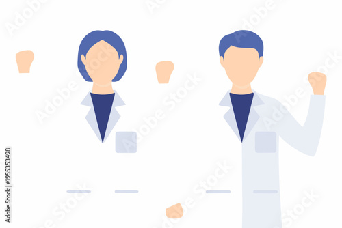 Two doctors celebrating success with raised fists in a minimalist style