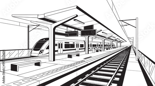 Modern train station platform vector illustration featuring high speed railway transport and roof