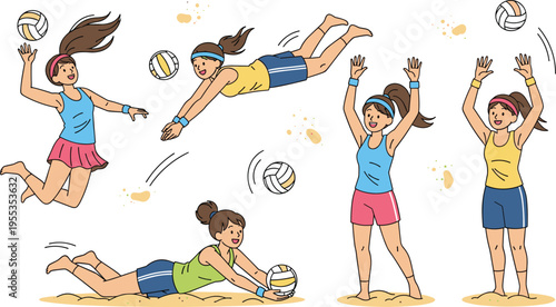 Beach volleyball women players set with jumping diving serving actions summer sport activity cartoon vector illustration collection