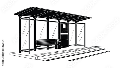 Vector illustration of a modern bus stop shelter with bench and glass panels on a platform with rails