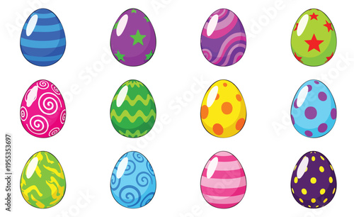Set of colorful easter eggs with various patterns isolated on white background