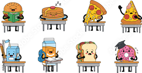 Cute food student characters set studying in classroom with burger pizza milk donut sandwich cartoon vector illustration collection