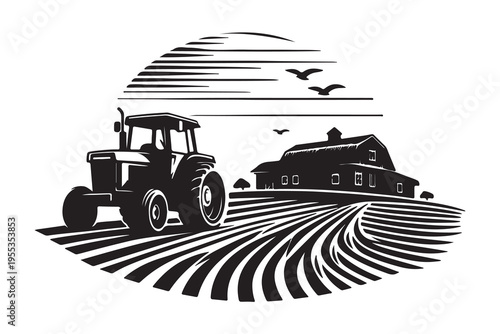 Agriculture farm scenery with tractor and barn silhouette.