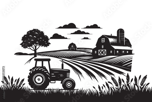 Agriculture farm scenery with tractor and barn silhouette.