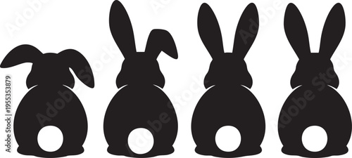 Set of four black rabbit silhouettes isolated on white background