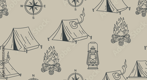 Seamless Pattern of Camping Gear and Outdoor Adventure Elements
