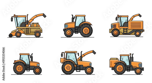 Set of Agricultural Machinery and Farm Tractors Vector Illustrations