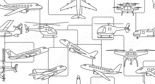 Seamless Pattern of Various Aircraft and Helicopters Line Art