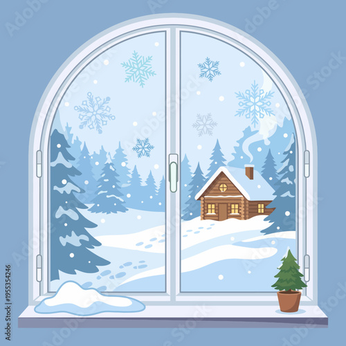 This charming winter scene features a cozy cabin nestled in a snowy landscape adorned with evergreen trees and delicate snowflakes, evoking a feeling of warmth and tranquility.