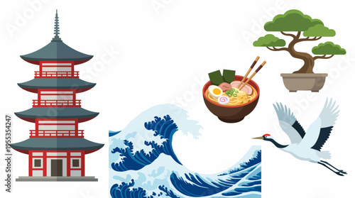 This image captures iconic Japanese symbols, including a pagoda, waves, ramen, a bonsai tree, and a crane, showcasing the rich cultural and natural heritage of Japan.