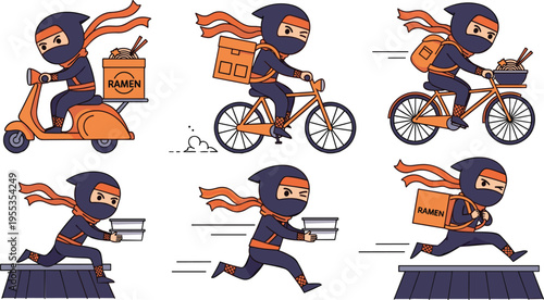 Cute ninja food delivery character set with scooter bicycle running courier ramen service cartoon vector illustration collection