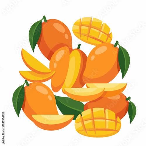 An assortment of ripe mangoes displayed with sliced pieces and leaves, illustrating vibrant colors and tropical freshness, perfect for culinary or nutritional themes.