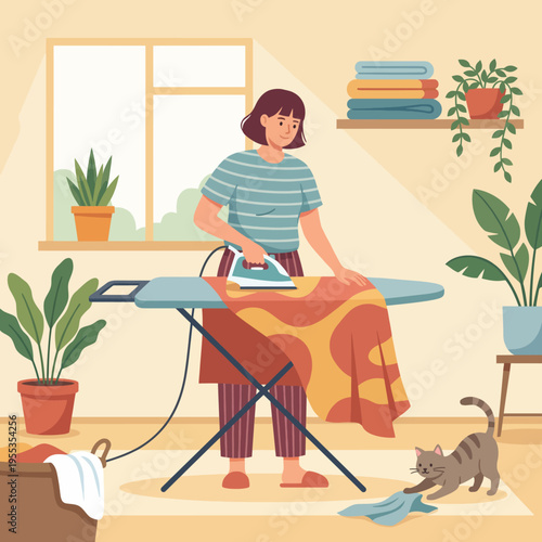 A woman is ironing a colorful cloth in a bright, cozy room filled with plants and sunlight, capturing a moment of domestic life and warmth with her playful cat nearby.