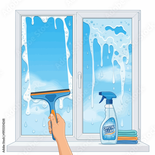 A hand is wielding a squeegee to clean a window, with a spray bottle at hand, creating a clear view through sparkling clean glass, symbolizing freshness and clarity.