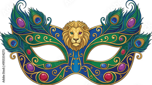 An ornate lion mask embellished with peacock-like feathers displays intricate design, representing cultural richness and festive celebration.