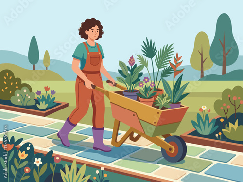 A diligent gardener rolls a wheelbarrow filled with vibrant potted plants through a picturesque garden, symbolizing growth and nurturing care.