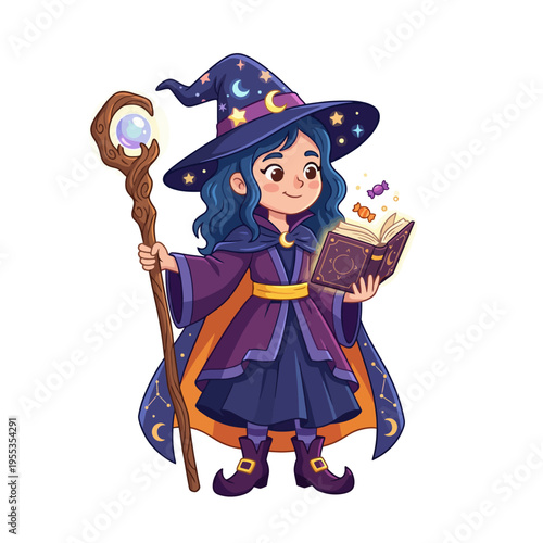 A young witch with an enchanting outfit is immersed in a magical book, showcasing her playful spirit and love for spells under the starry night.