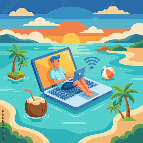 A serene beach setting where a man is relaxing and working on his laptop, embodying the ideal remote work lifestyle with warm colors and tropical vibes.