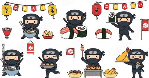 Cute ninja Japanese street food characters set with ramen sushi takoyaki tempura lantern festival cartoon vector illustration collection