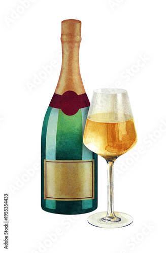 Canvas Print Bottle of champagne, wineglass with white wine