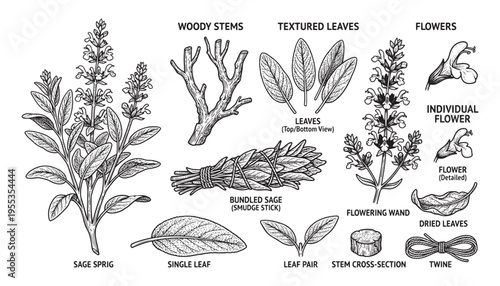Sage plant and herbal preparation elements vector illustration for natural medicine and aromatherapy