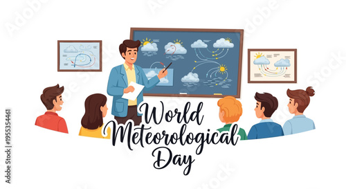 Illustration of a teacher presenting weather science concepts to students on World Meteorological Day with a blue chalkboard and weather charts in a colorful, educational setting.