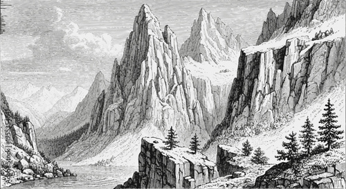 Vintage Engraving of Majestic Mountain Peaks and Alpine Lake