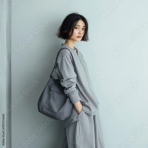 グレーコーデの女性とトートバッグ｜Minimal fashion woman with tote bag, シンプル, ナチュラル, ライフスタイル, 都市, copy space